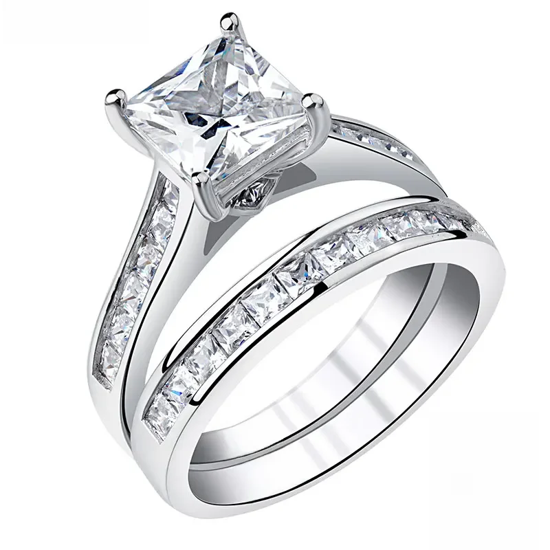 Newshe 2-teiliges klassisches Ehering-Set für Damen, 7 x 7 mm, Princess-Schliff, AAAAA-Zirkon, 925er Sterlingsilber, Verlobungsring-Schmuck