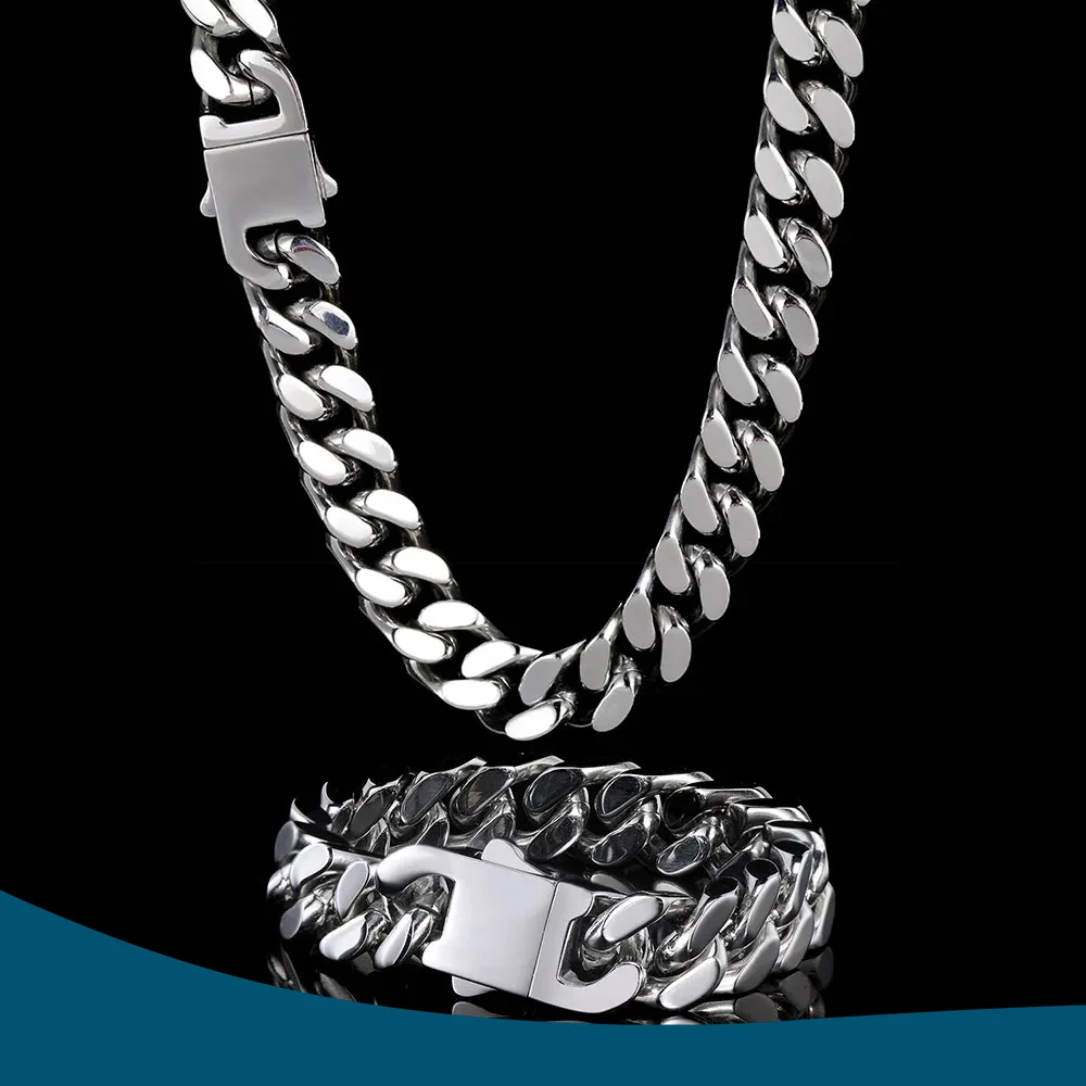 

12mm Thick Stainless Steel Mirror Finish Cuban Link Chain Necklace Bracelet Set - Chunky Miami Hip Hop Neck Chains for Men