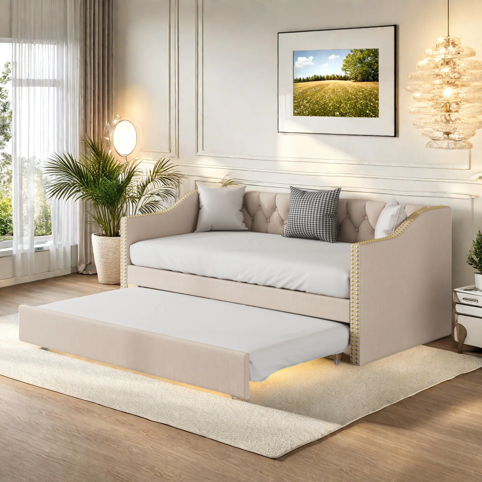 Letto imbottito, divano letto 90x200 cm, divano letto estensibile, divano letto con rete a doghe, letto multifunzionale/letto per gli ospiti, letto per ragazzi per camera da letto e soggiorno, lino,
