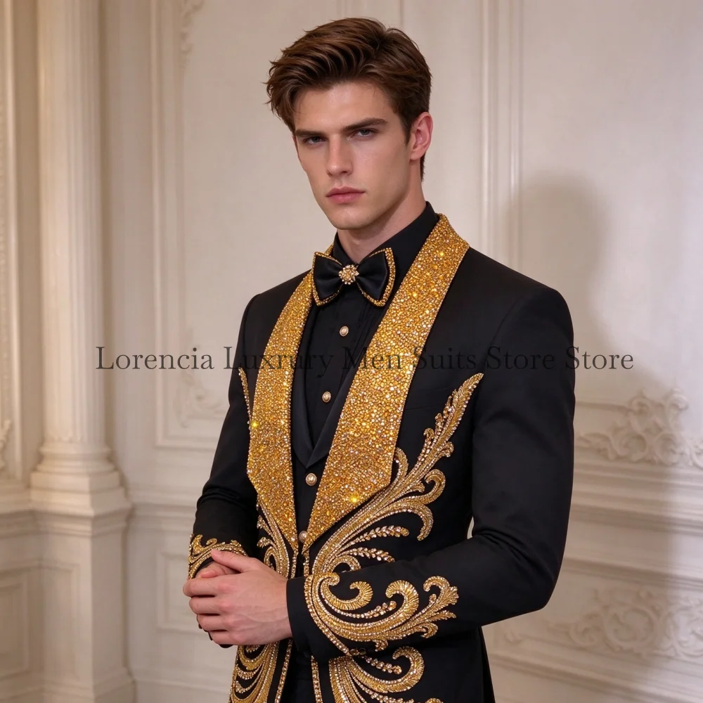 High Quality Men Crystal Design Suits Wedding Tuxedos Resplendent Slim Ropa Hombre 3 Pieces Sets Groom Male Blazers Customized