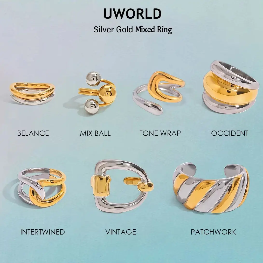 Uworld 316l Stainless Steel Non-Tarnish Two Toned Ring Statement Silver Gold Mixed Color Metal Texture High Quality Charm Jewelr