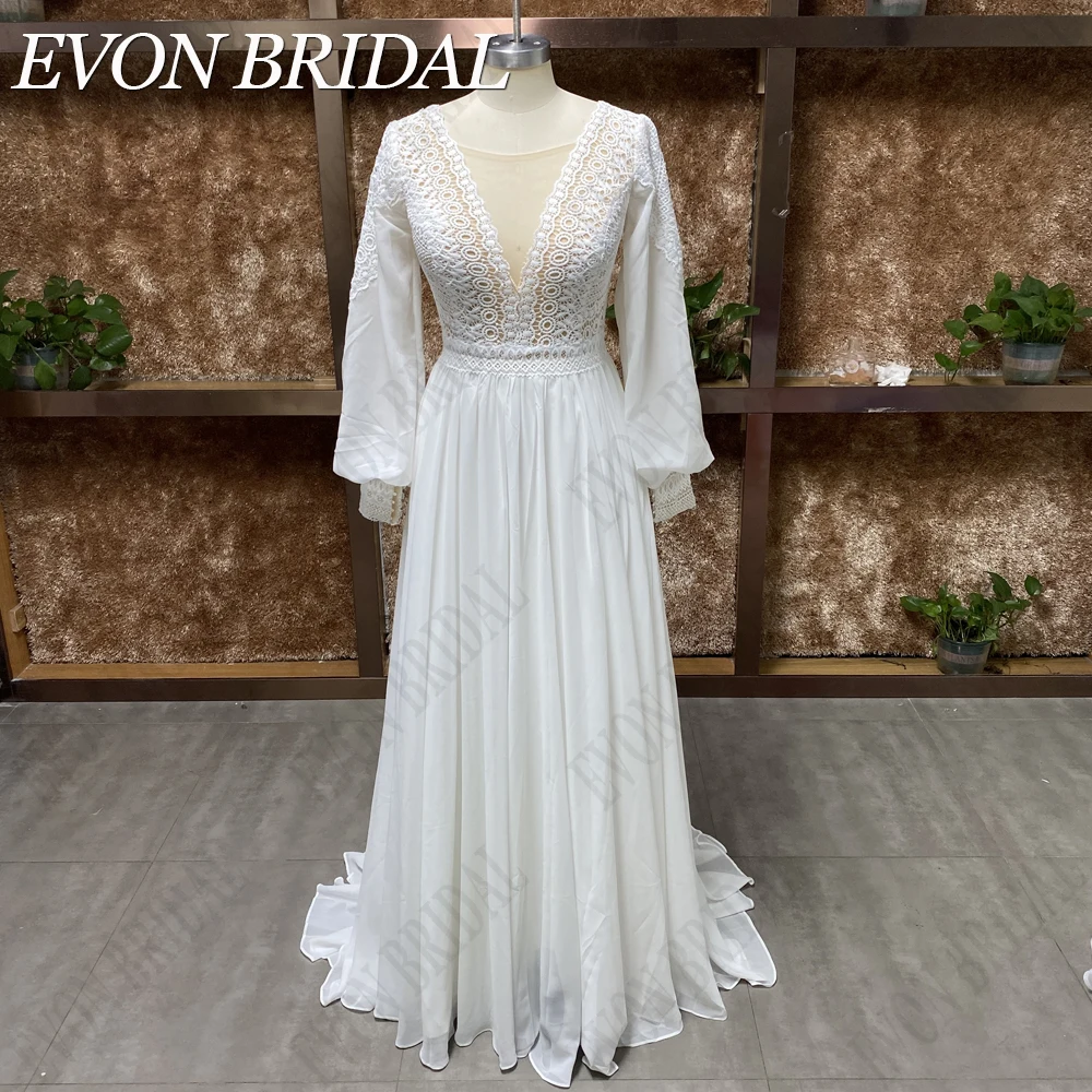 EVON BRIDAL Real Picture Boho Wedding Dress Chiffon Lace robe de mariée Puffy Sleeve Bride Gown Illusion Button Back Custom Made