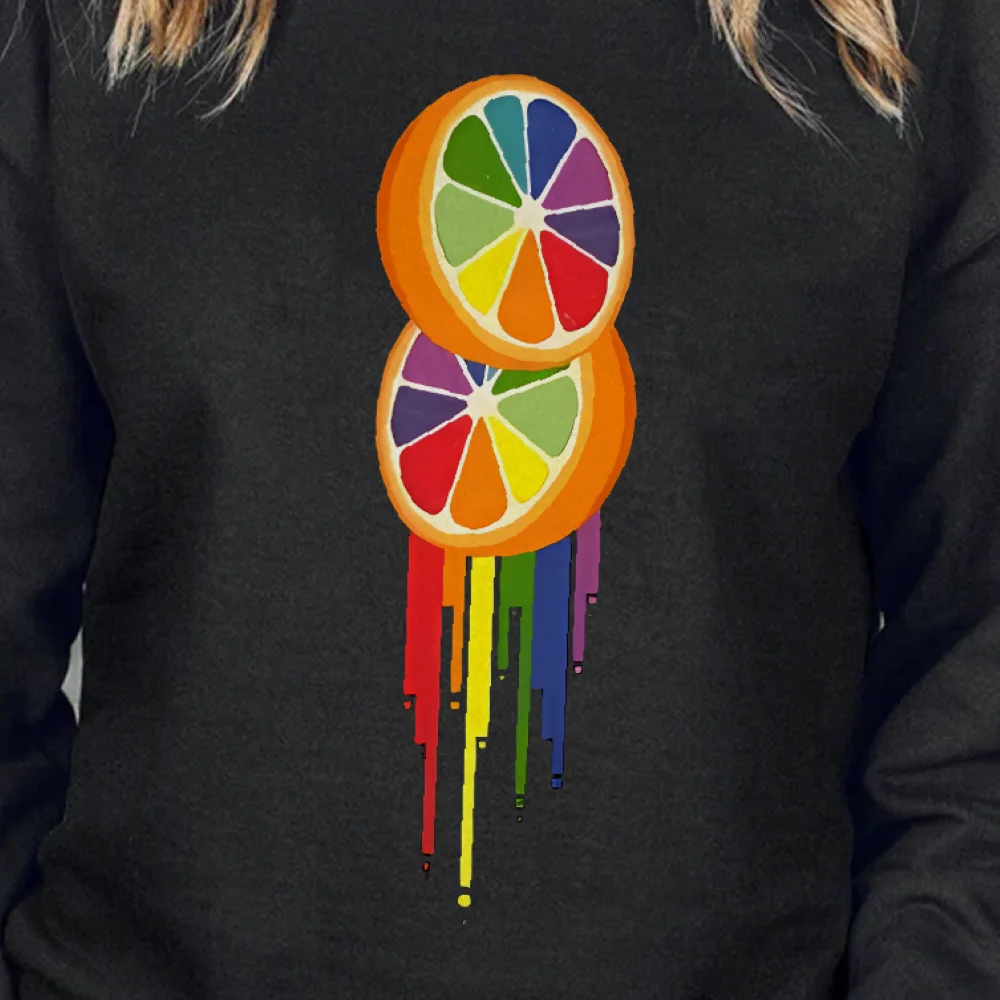 Rainbow Citrus Slice Sweatshirt Fun Fruity Pattern Casual Loose Long Sleeved Colorful Trendy Comfortable Streetwear Cloth Tops