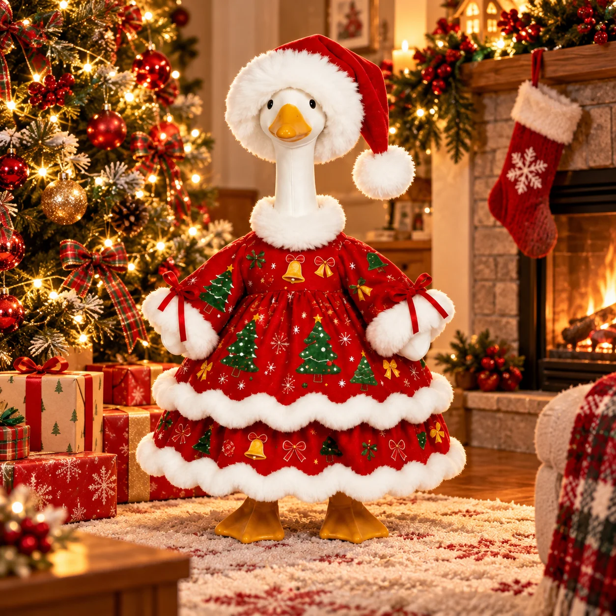 Porch Goose Christmas Dress with Santa Hat, 23in Festive Costume for Lawn Goose Statue, Yard Xmas Decor (Goose Excluded)
