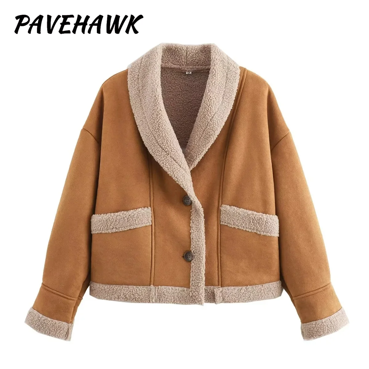 Women Lamb Fur Lapel Loose Jackets Long Sleeve Single-breasted Casual Short Coat Pocket Warm Autumn Winter Lady Spliced Jacket