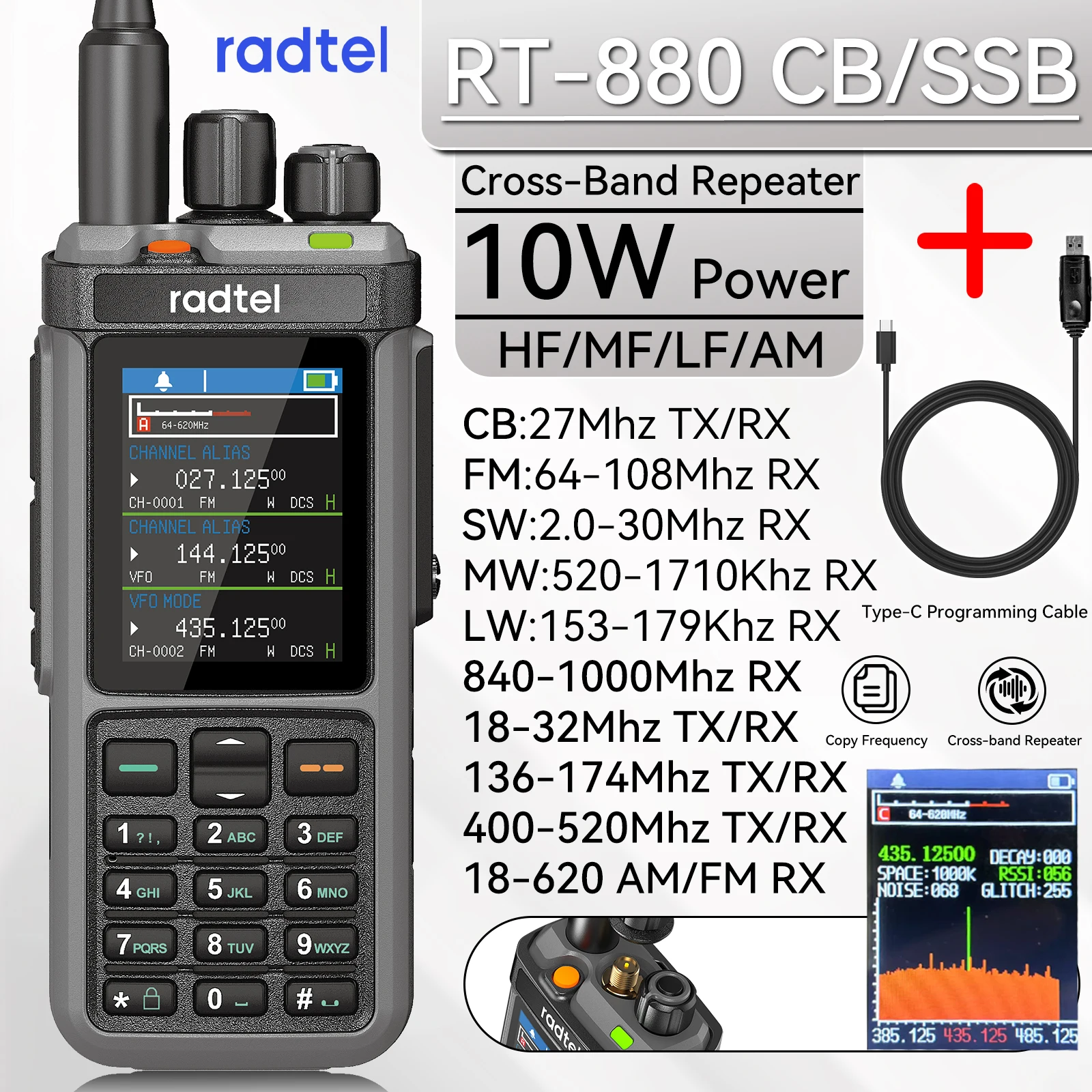 Radtel RT-880 All Band Ham Radio 10w 1024 CH with AM SSB CB Receive ...