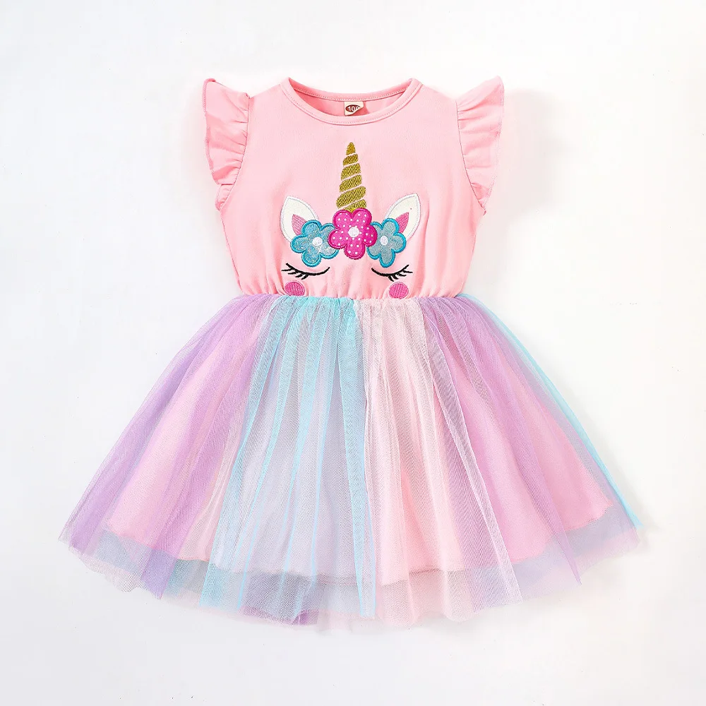 Toddler Girls Unicorn Embroidery Dress Flutter Sleeves Casual Tutu Dress Kids Cute Summer Party Dress