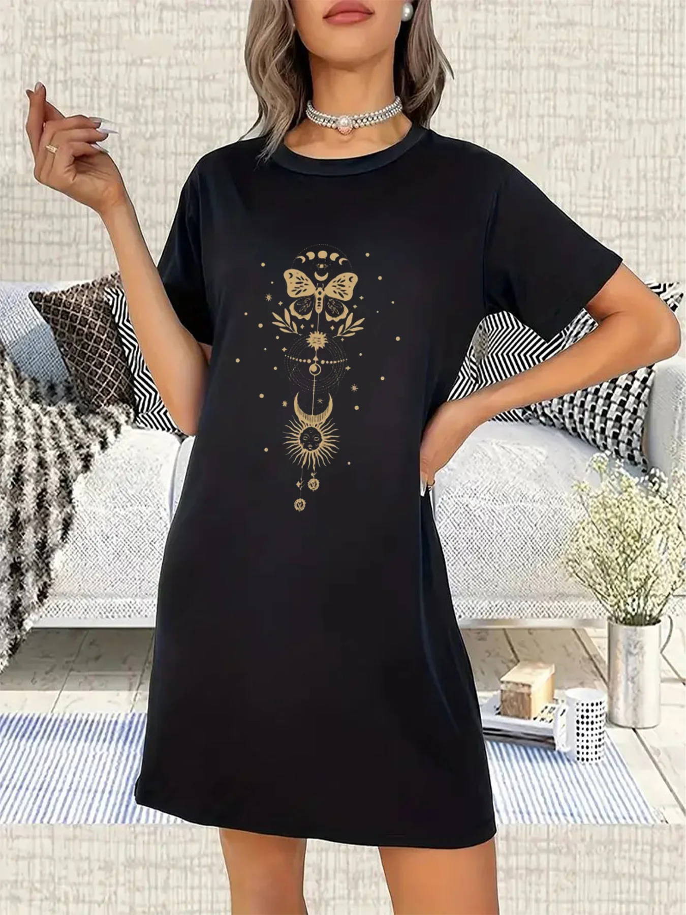 Drop Shoulder T-Shirt Mid-Length Casual Dress With Sun, Moon And Stars Design