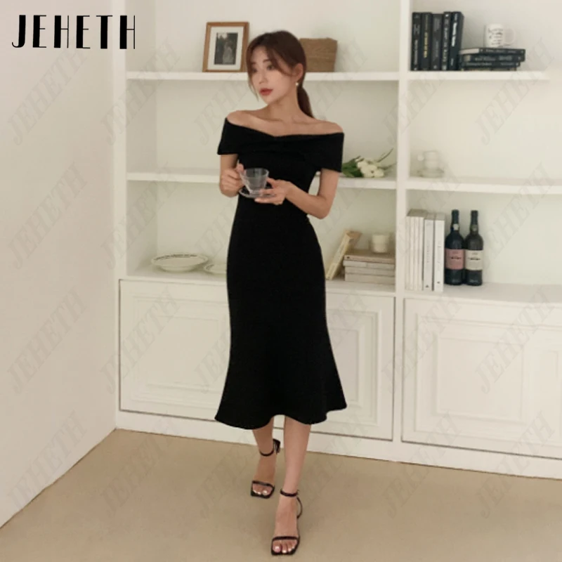 

JEHETH Boat Neck Mermaid Korea Bridal Gown Women Satin Tea-Length Wedding Dresses Vintage Pleat Sleeveless 웨딩드레스 Simple Backless