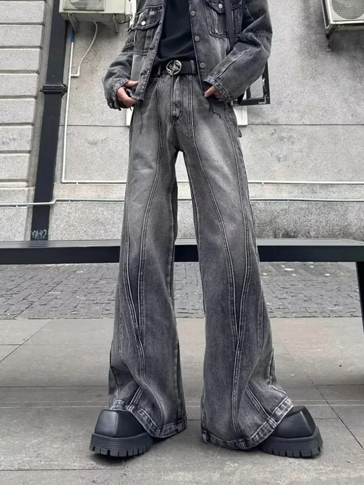 2026Trashy Y2K Streetwear Washed Grey Baggy Stacked Flare Jeans Pants Men 90S Vintage Clothes Hip Hop Luxury Male Long Trousers