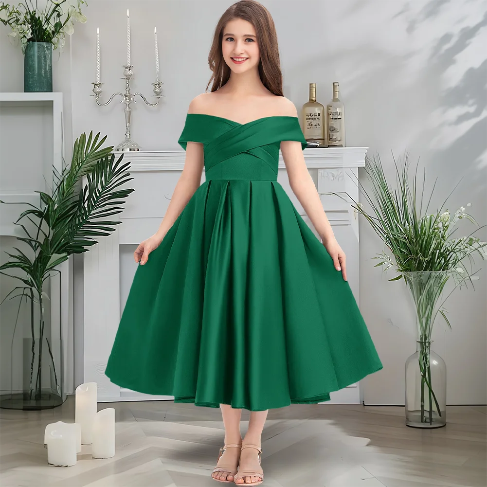 GDH Navy Off Shoulder Junior Bridesmaid Dress Flower Girl Dress Satin Tea Length With Stylish Ruffles For Wedding Event