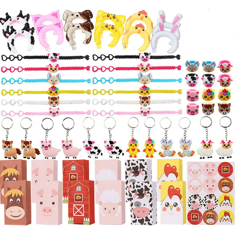 72PCS Easter Farm Animals Party Keychains Ring Bracelets Balloon Farm Goodie Bags Kid Girls Farm Birthday Party Gift Prize Gift