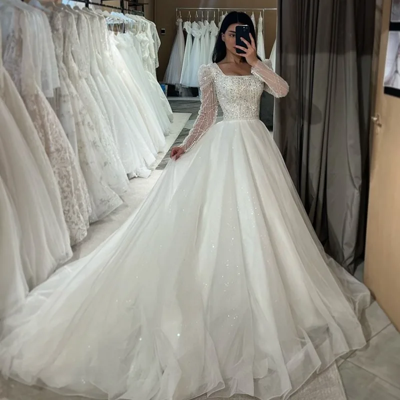 Gola quadrada vestido de casamento glitter lantejoulas mangas compridas a linha até o chão vestido de noiva elegante novia