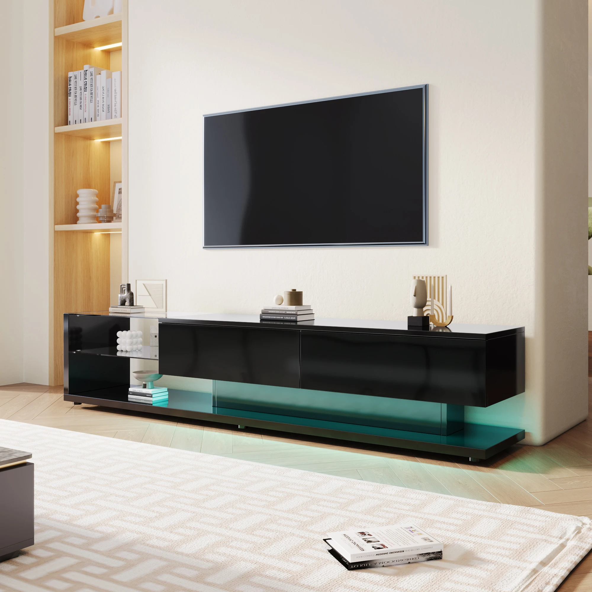 VSOGA TV Cabinet, Glass Partitions And Variable LED Lighting. Combining Natural, Rustic Style With Modern Design，170x36cm