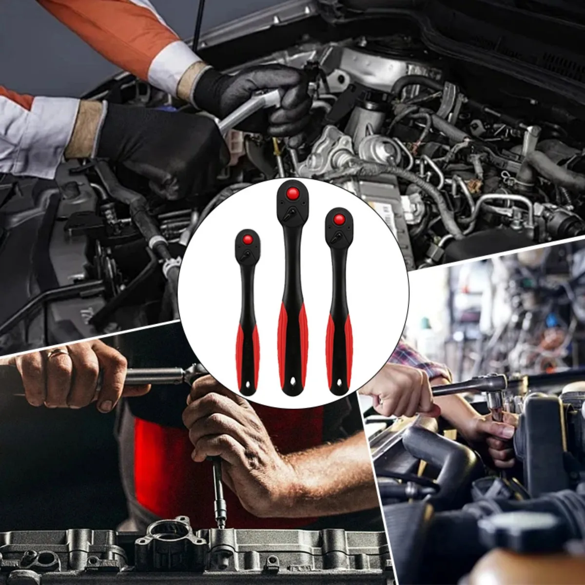 3pcs Heavy-Duty Ratchet Wrench Set with 1/4", 3/8", 1/2" Telescopic Sockets - 72-Tooth Quick-Release Mechanic Tool Kit