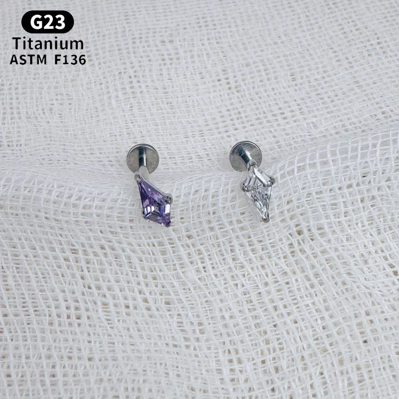 NORY ASTM F136 Titanium Rhombus CZ Internal Threaded Labret Stud 16G Flat Back Earring Cartilage Helix Nose Piercing Jewelry