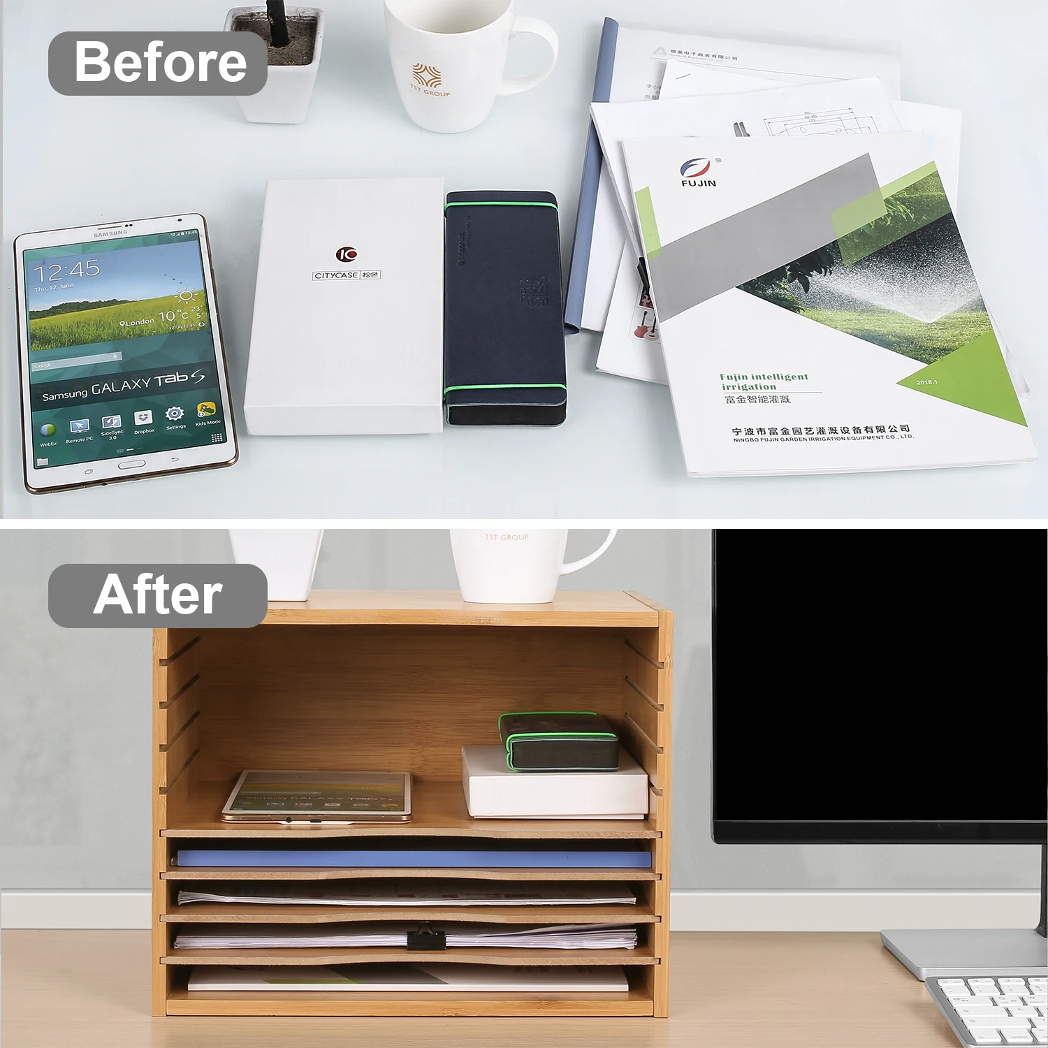 Getone Office File Tray, Bamboo Desk Tidy Organiser, File Sorter, 5 Tier Document/Paper/Letter Tray 36x25x26cm