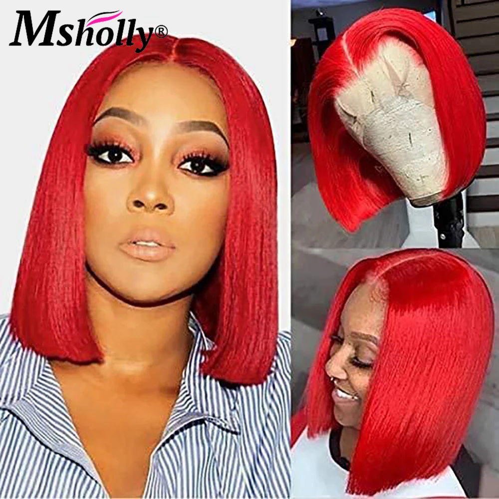 Cherry Red Short Bob Red Wigs Human Hair 13x4 Lace Front Wigs Human Hair Pre Plucked 150% Density Transparent Lace Frontal Wigs