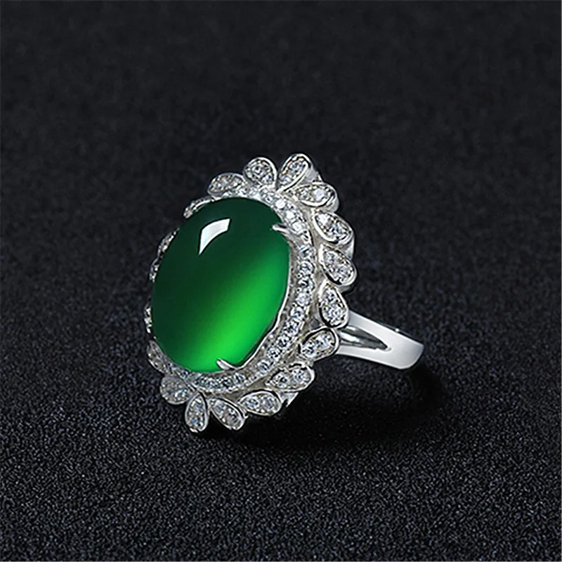 Hot selling platinum plated luxury palace fancy green jade ring full diamond open flower chalcedony crystal jasper ring