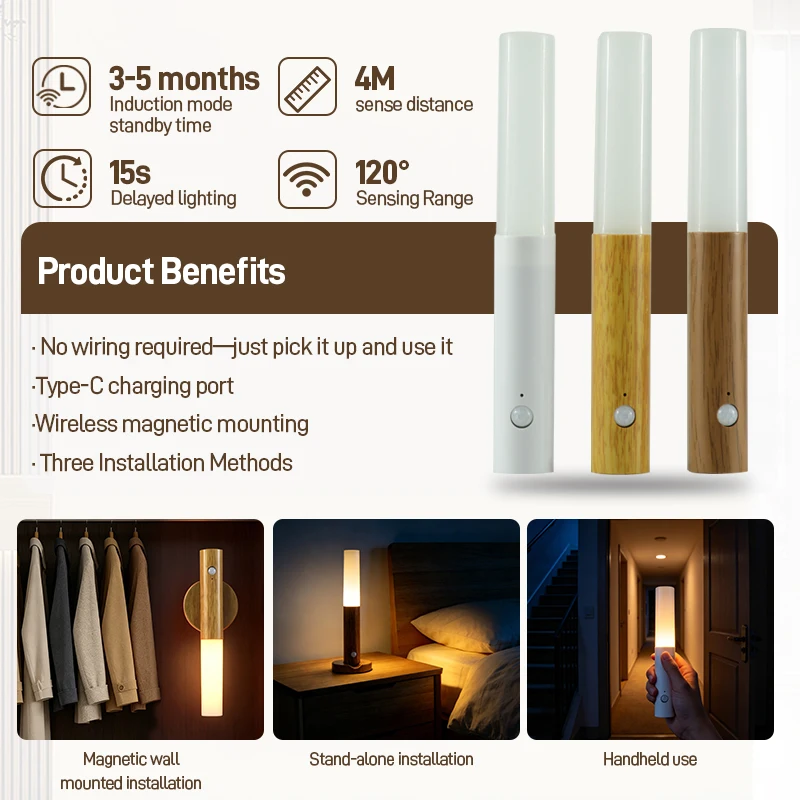 1PCS Induction night light, indoor LED rechargeable wall light, wireless light for bedroom, corridor, staircase and kitchen.