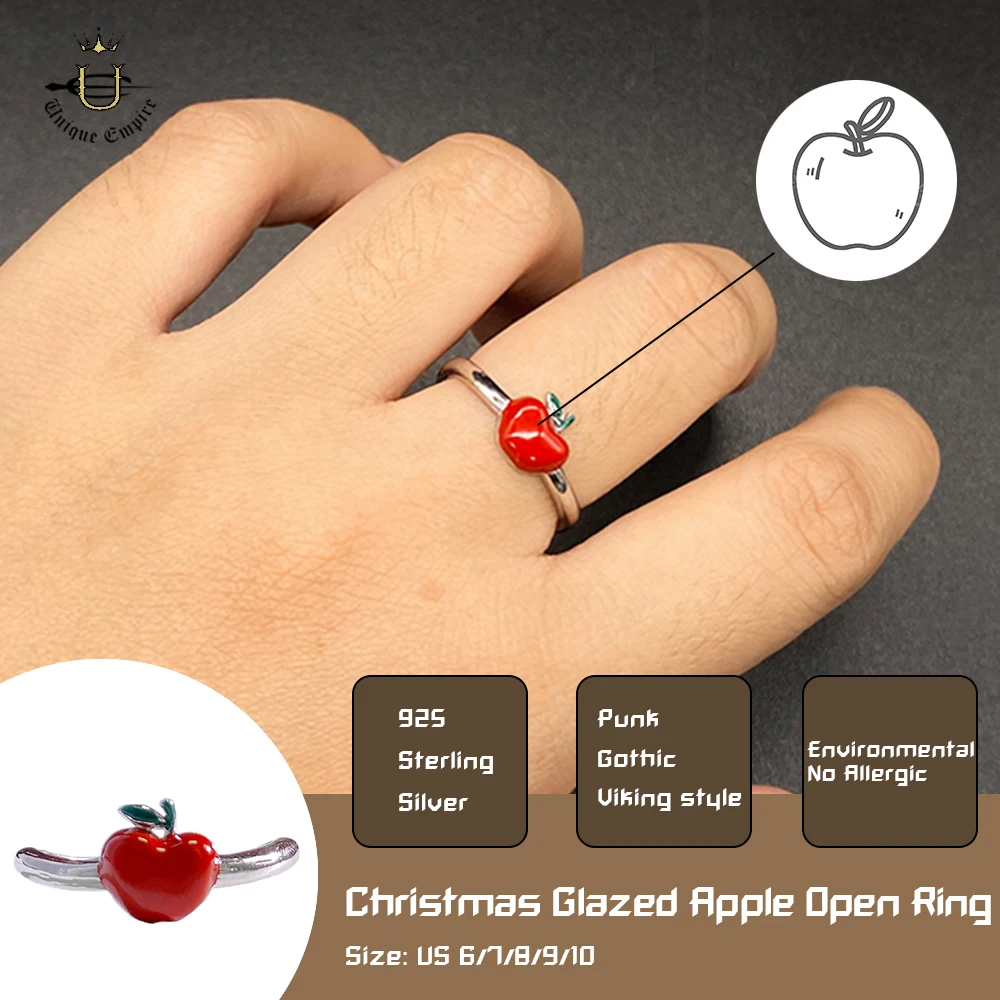 Cute Glazed Apple Ring Unisex Christmas Eve Stacking Silver Band With Open Adjustable Jewelry Gift For Him Her