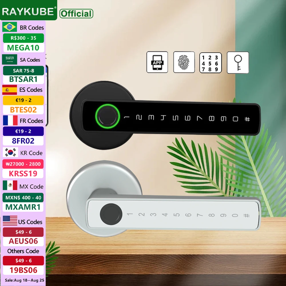 

RAYKUBE M5 TT Lock BLE Smart Fingerprint Door Lock Electronic Lock with Password/Key/TT Lock APP Unlock Passage Mode For Bedroom