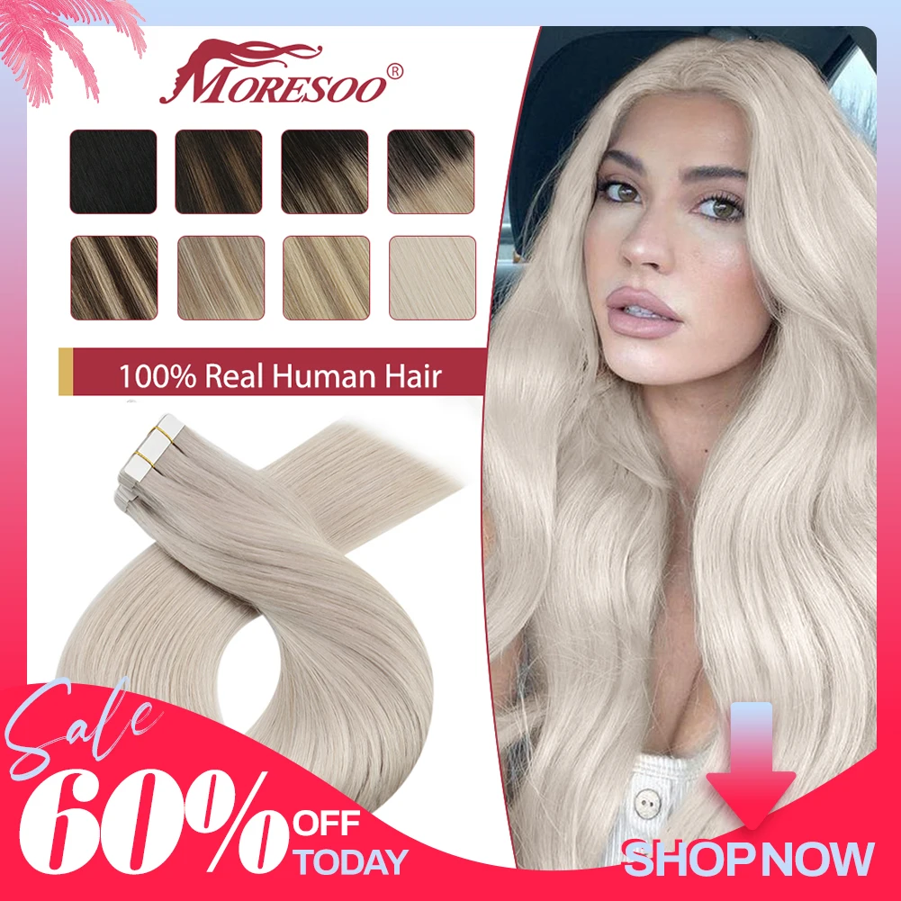 cabelo natural Moresoo fita na extensão do cabelo balayage ombre máquina remy real do cabelo humano para as mulheres invisível sem emenda da pele do plutônio trama reta pelo natural 100% humano cabelos naturais humano