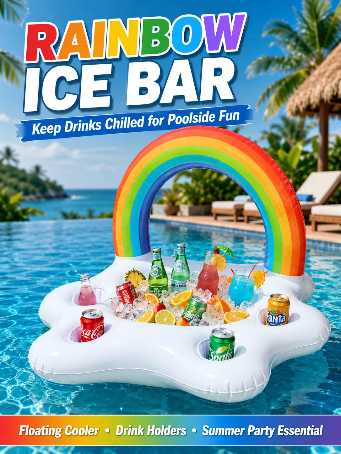1PC Inflatable Rainbow Drink Cooler Float with Ice Bucket & Cup Holders, Pool Party Beverage Bar Float for Summer Swimming Pool