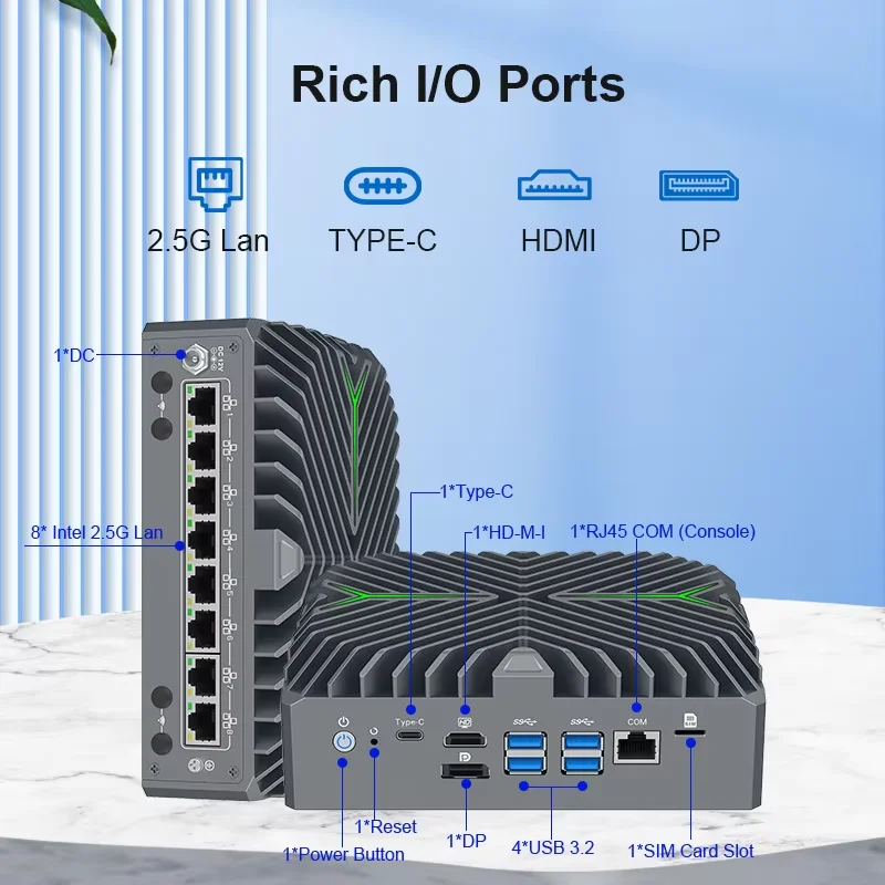 8x2.5G LAN Firewall Mini PC Intel Core Ultra 5 125U VPro IoT AI Edge Industrial Computer Network Server pfSense OPNsense Router