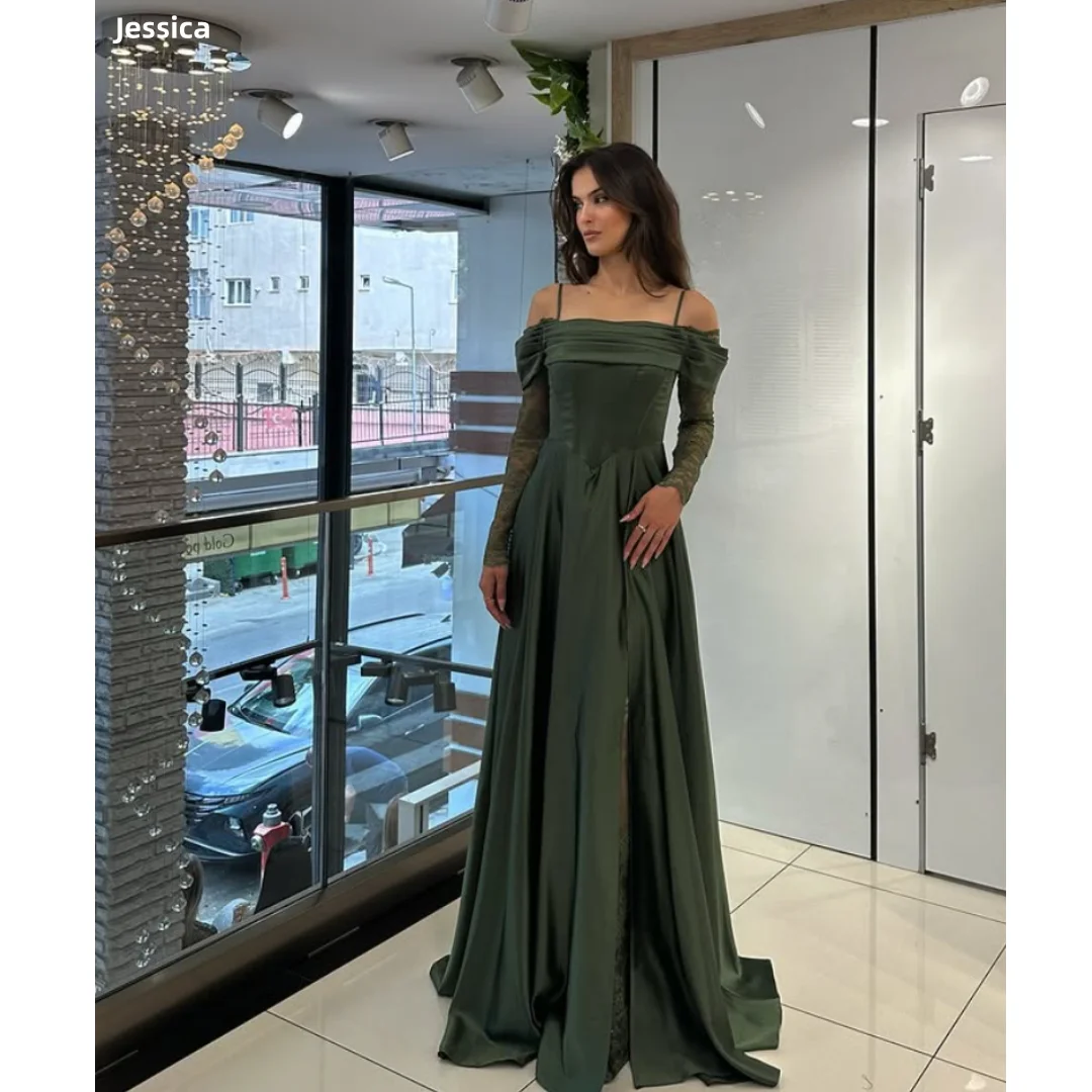 Jessica Occasioni formali Abiti da sera Maniche lunghe in pizzo Abiti da ballo A-line in raso da donna Abiti da gala personalizzati