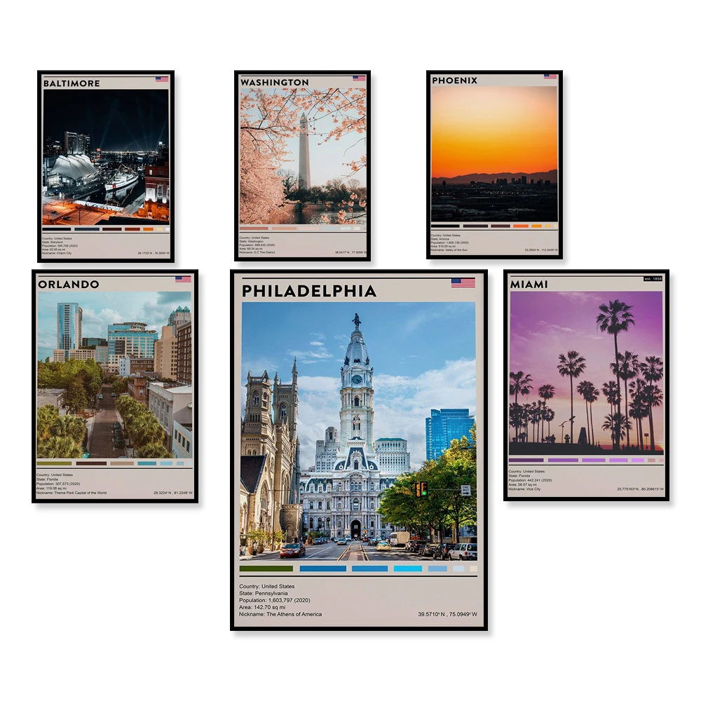 Baltimore Maryland, Houston, Philadelphia, Washington, Arizona, Florida Texas, Massachusetts, San Francisco USA travel poster