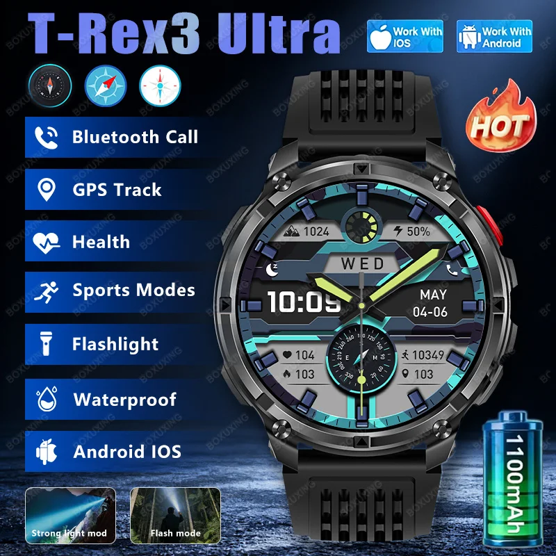 New T-Rex3 Ultra GPS Track Smart Watch 1.7-Inch AMOLED HD Screen 1100mAh Battery Flashlight BT Call Smartwatches For Android IOS
