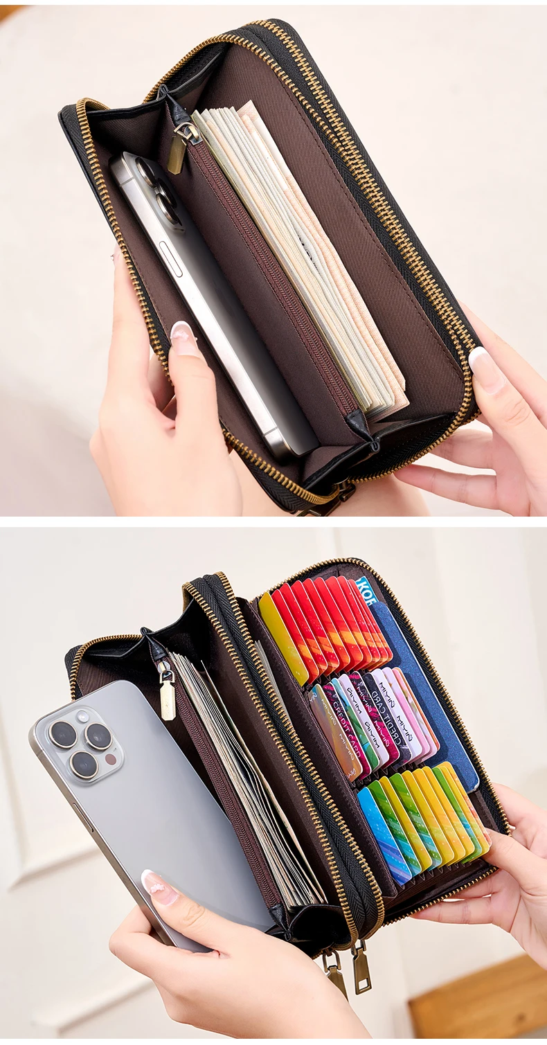 Stilvolle Damen-Langbörse mit Doppelreißverschlüssen, großer Kapazität, Akkordeon-Kartenhalter, Clutch, Retro-PU-Leder-Münzbörse, Unisex – Detail 13