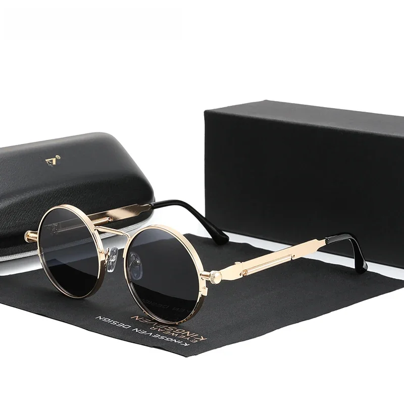 KINGSEVEN wysokiej jakości gotyckie okulary przeciwsłoneczne w stylu steampunk spolaryzowane mężczyźni kobiety marka projektant Vintage okrągłe metalowe oprawki okulary przeciwsłoneczne — zdjęcie 2
