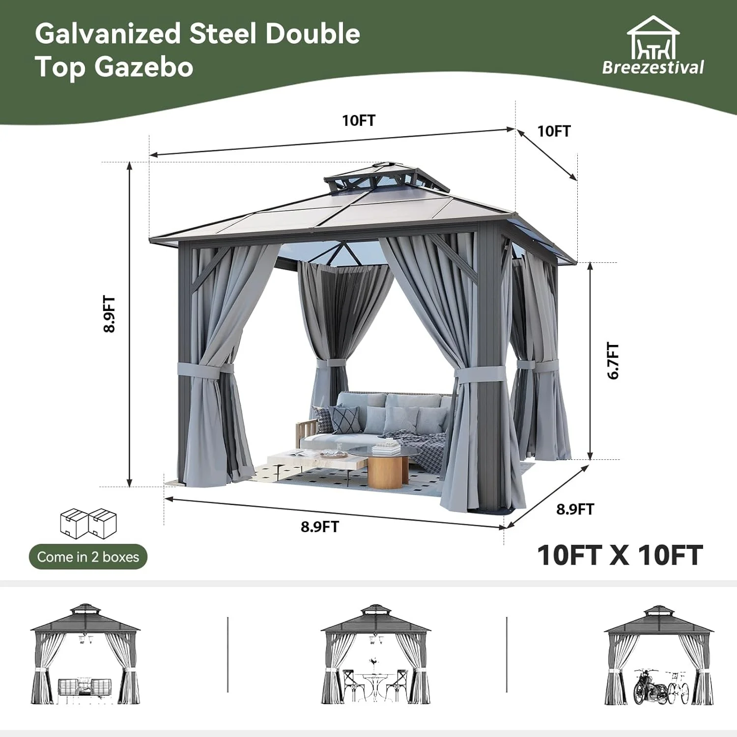 Nordivale 10x10FT Hardtop Gazebo Polycarbonate Double Top Aluminum Frame with Curtains and Netting Outdoor Sunshade Canopy for Patio Garden Backyard Gray view 8