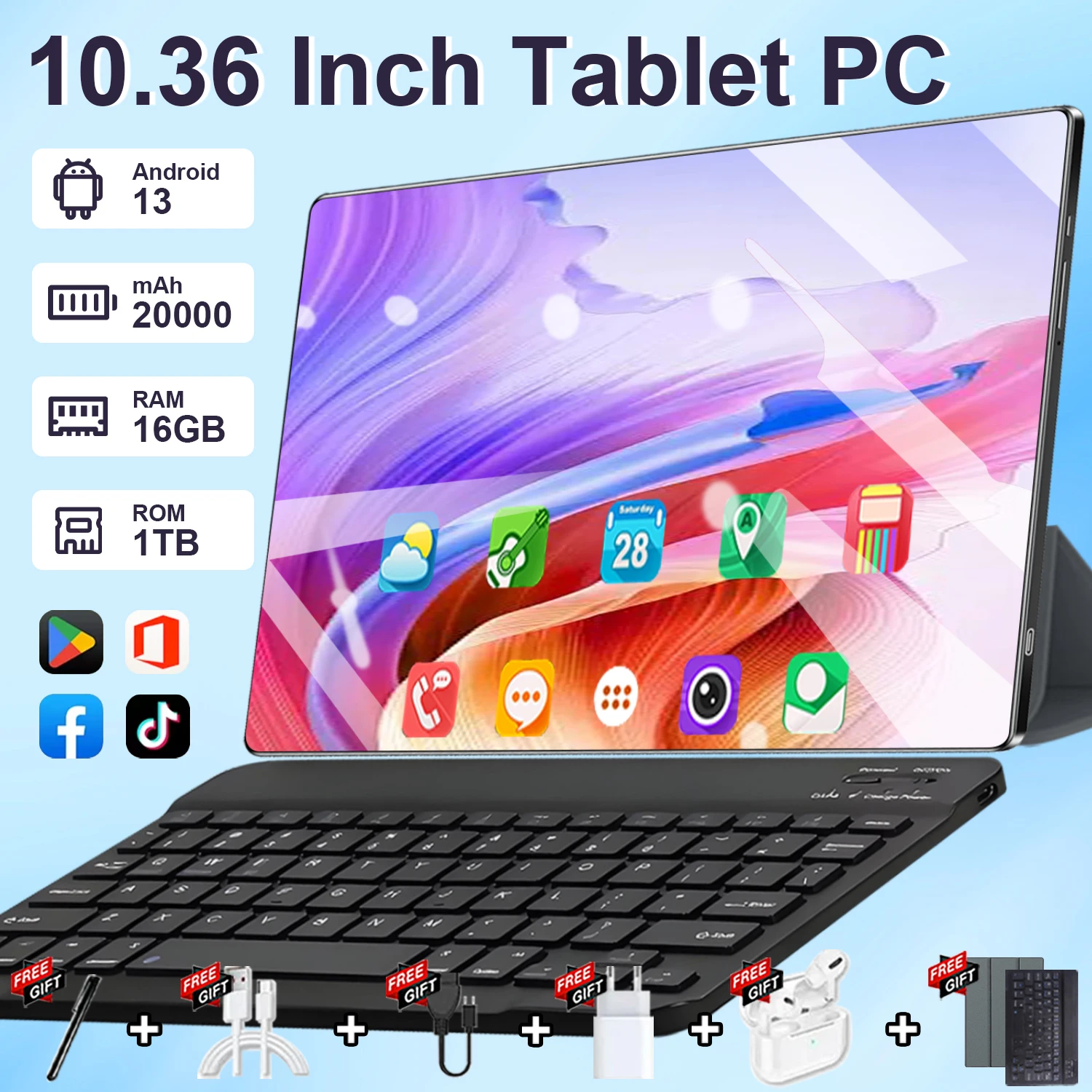Tableta de 10.36 Pulgadas Android 13 Google Play 14 Núcleos 16GB RAM + 1TB ROM Cámaras Duales SIM 5G Tablet PC Bluetooth Wifi