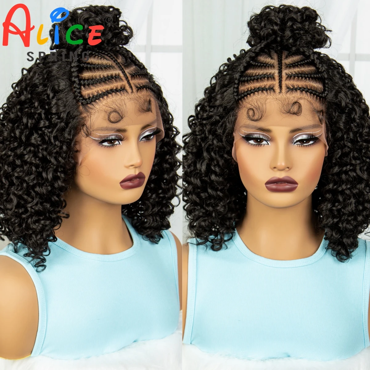 Perucas trançadas afro Kinky Curly para mulheres negras, Synthetic Lace Front, peruca trançada Cornrow, cabelo Kinky com cabelo de bebê