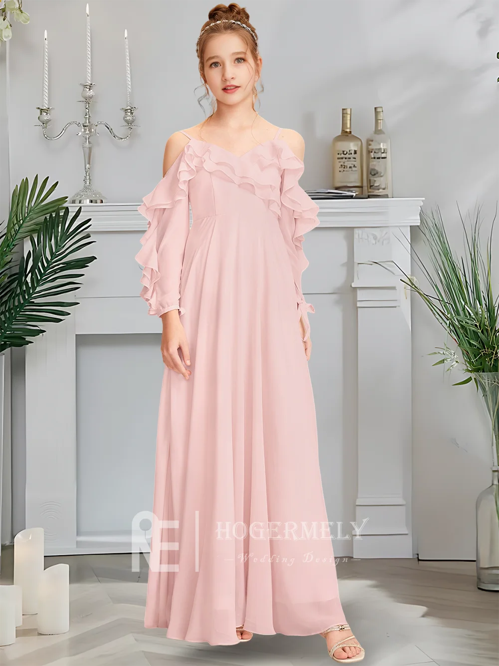 Роскошное платье подружки невесты с открытыми плечами, платье с цветочным узором для девочек, шифоновое платье длиной до пола с каскадными оборками на свадьбу