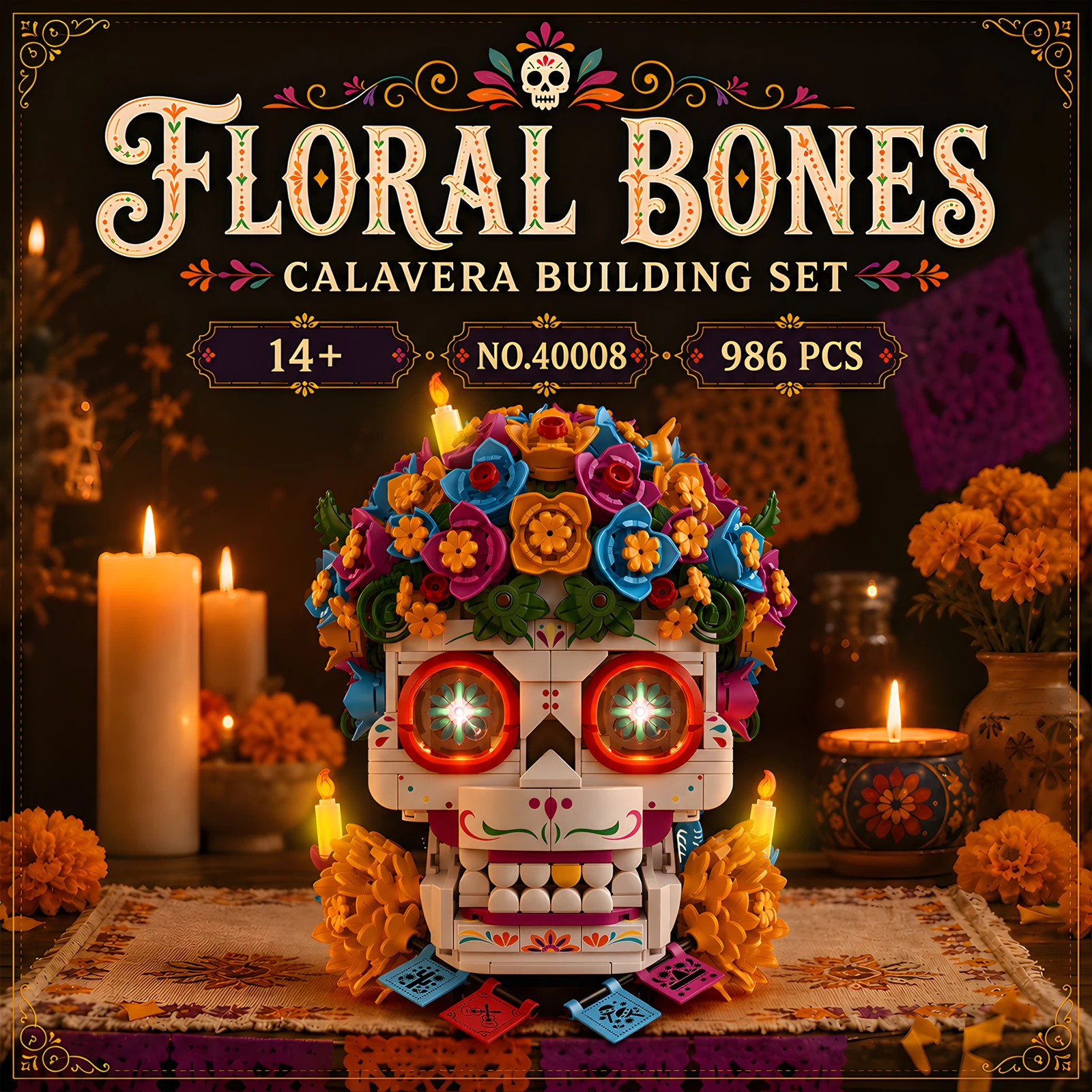 JMBricklayer Sugar Skull Flowers Building Set with LED Lights, 986 PCS Calavera Day of the Dead Model Kit for Adults, Halloween Birthday Christmas Gifts
