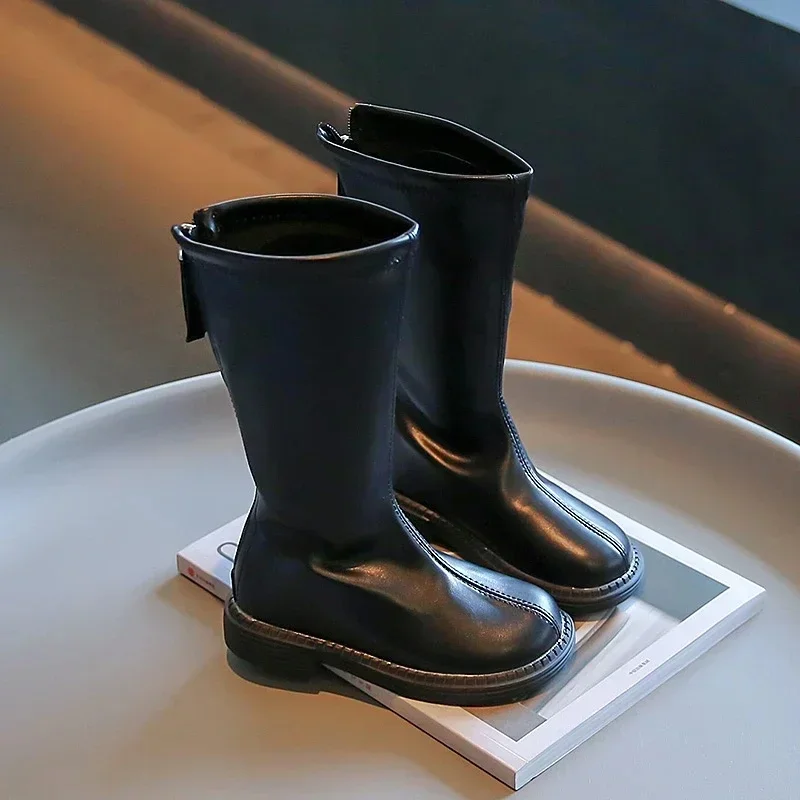 Bottes en cuir au genou pour enfants, bottes de moto longues, bottes en caoutchouc, simple, classique, mode, fermeture à glissière arrière, enfants, filles, hiver, nouveau