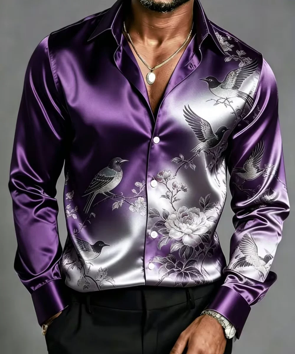 Men's Satin Silk Long Sleeve Baroque Floral Print Dress Shirt Slim Fit Casual Formal Top for Party