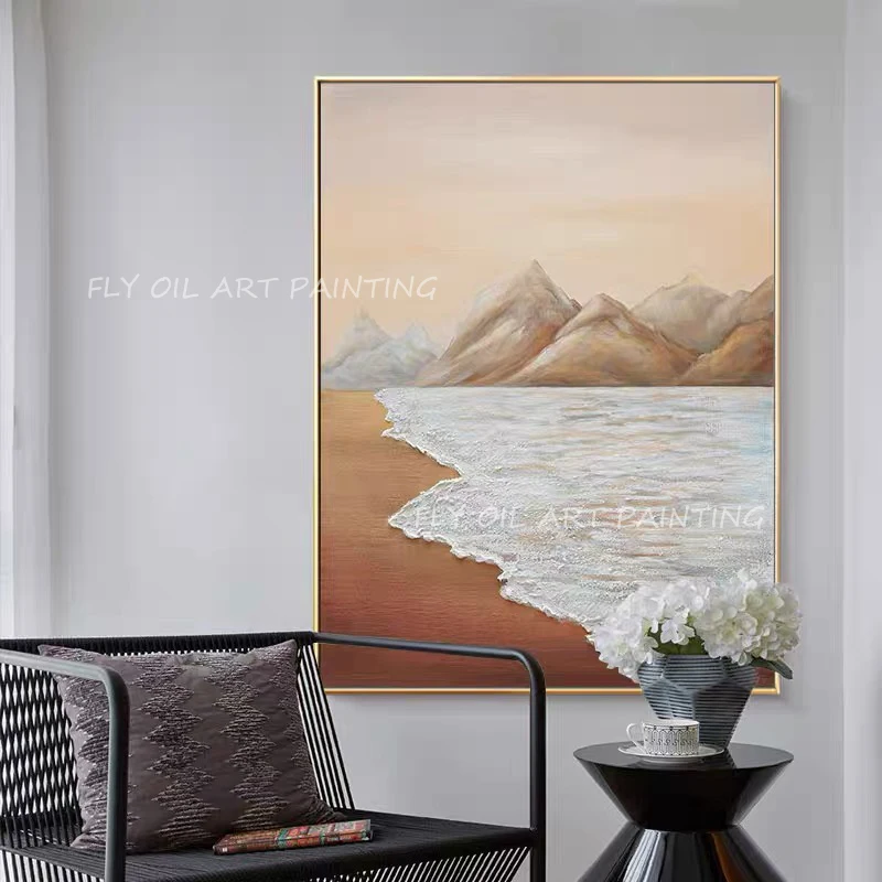 100% Handmade large size high quality texture ocean seaside shore thick grey canvas Oil Paintings for Living Room Home Decor