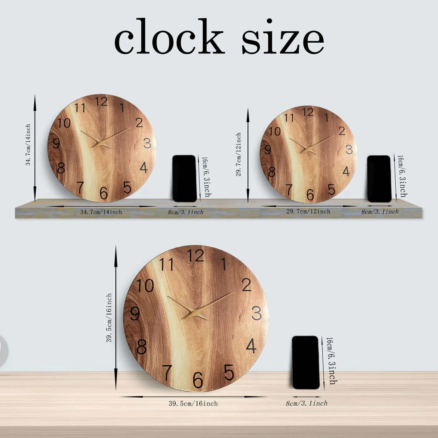 1pc 12-16in Wall Clock, Wood Grain Pattern with Solid Wood Hands Design Wall Clock, Tempered Glass Mute Clock, Home Decoration