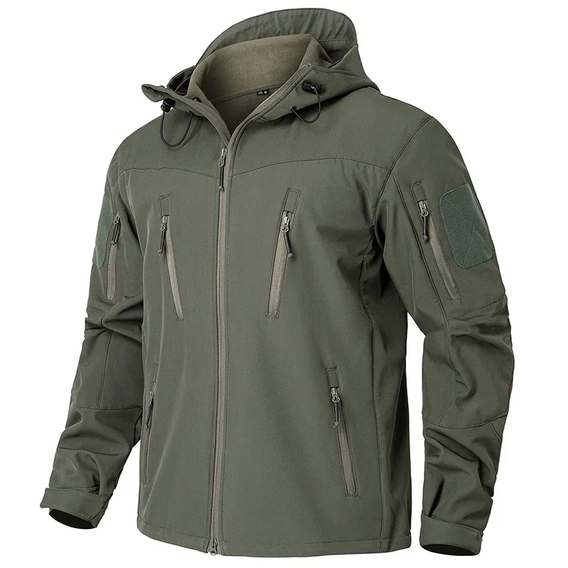 Męska wodoodporna kurtka taktyczna Softshell Zimowa wiatroszczelna polarowa kurtka z kapturem Outdoor Piesze wycieczki Narciarstwo Płaszcz wiatrówka — zdjęcie 2