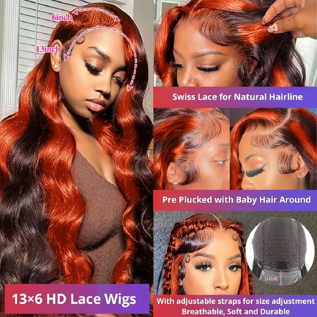30 32 Inch Highlight 13x6 HD Lace Front Wigs Human Hair Ginger Orange 1B/350 Wet And Wavy 13x5 Body Wave Ombre Wig For Women image 3