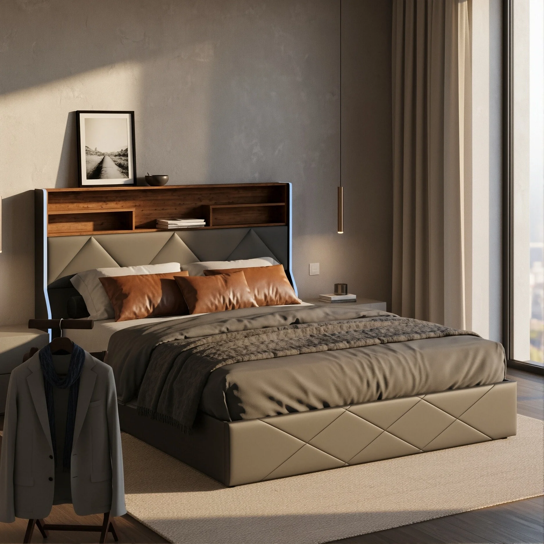 Letto 140x200/160x200 cm, rivestimento in pelle PU con contenitore idraulico e testiera letto LED (USB/Type-C) Nero/legno bruciato