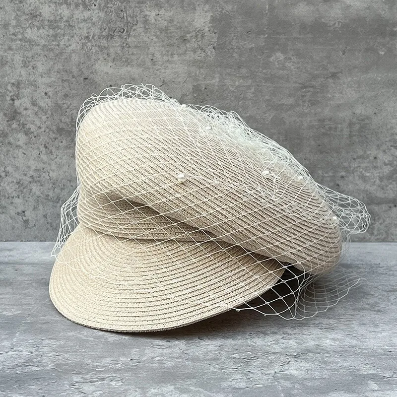 New Women Summer Hats Newsboy Cap Ladies Fansinator Pearls Veil Straw Hat Sloping Brim Visor Cap Cabbie Beret Girls Paperboy Cap