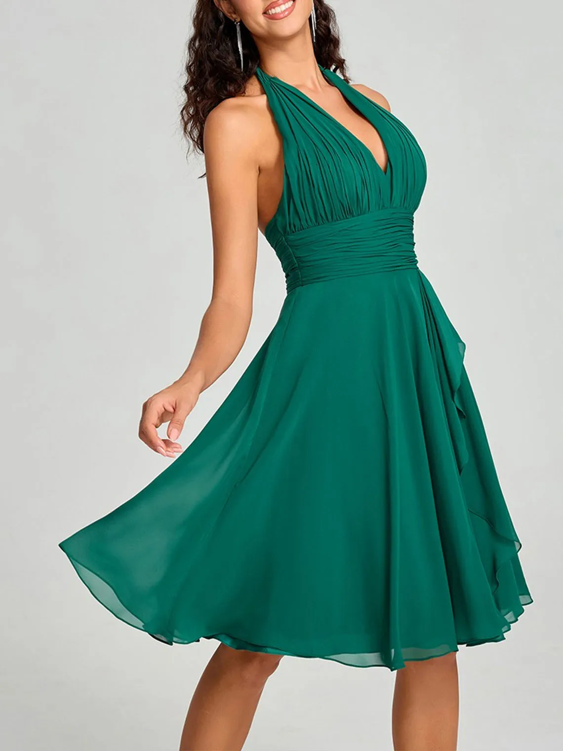 Elegante chiffon a-lijn prinses halter mouwloze korte mini bruidsmeisjesjurk met ruches galajurk 2025, gratis aangepast