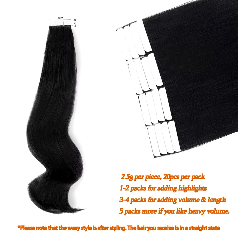 Straight Tape in Hair Extensions Human Hair 100% Real Human Hair 16-26 inches Skin Weft Tape Hair Extensions Natural Black #1B