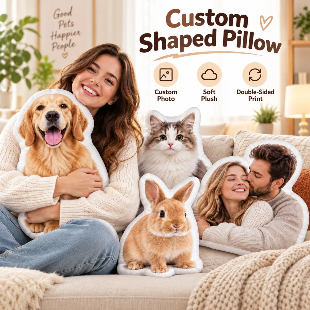 Personalized Pet Photo Pillow Cover Custom Dog Cat Shape Cushion Soft Plush Memorial Keepsake Home Sofa Bedroom Decor Cover Only